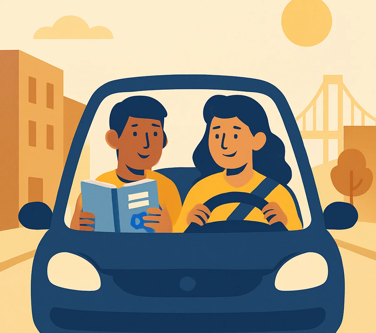 Una joven sonríe al volante de un carro en una calle de la ciudad, con un puente al fondo y una persona que repasa un cuadernillo de estudio a su lado.